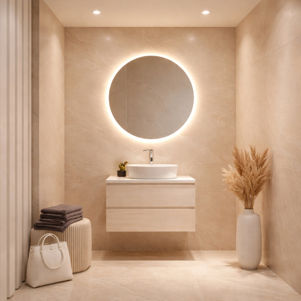 Mueble de baño Avila Dos colección Carmen lavabo circular blanco sobre encimera, 1 seno, 2 cajones suspendidos – Errefe Home