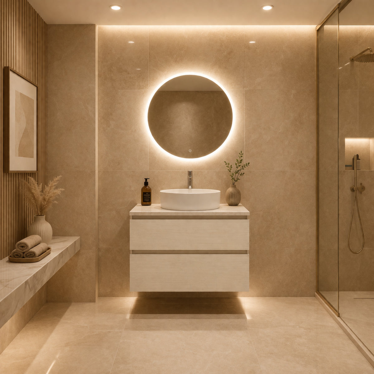 Mueble de baño Avila Dos colección Carmen color blanco con lavabo circular sobre encimera, 1 seno, 2 cajones suspendidos – Errefe Home