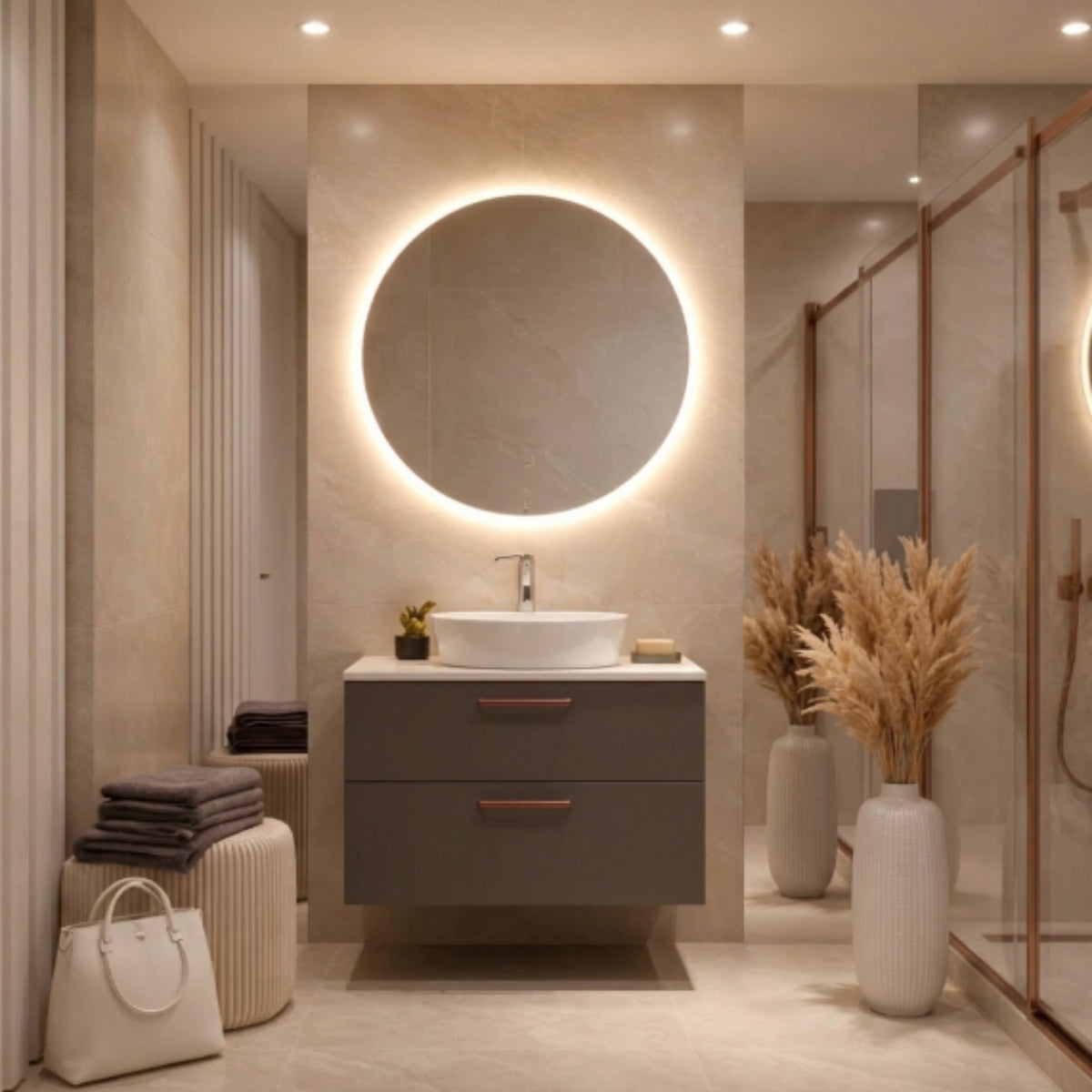 Mueble de baño 80 cm 2 cajones suspendidos colección Carmen color gris, con lavabo circular sobre encimera 1 seno. Avila Dos  – Errefe Home