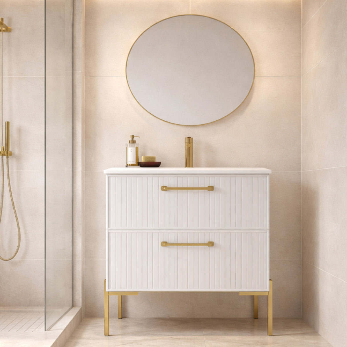 Mueble de baño 60 cm colección Blanca con lavabo integrado 1 seno 2 cajones con Pata LUNGO doradas Avila Dos Errefe Home