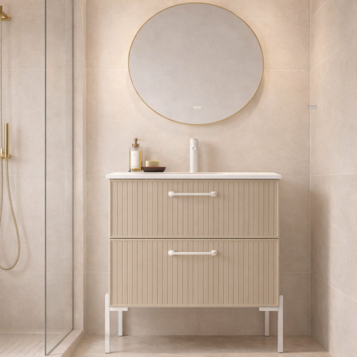 Mueble de baño 80 cm colección Blanca con lavabo integrado 1 seno 2 cajones con Pata LUNGO blancas Avila Dos Errefe Home