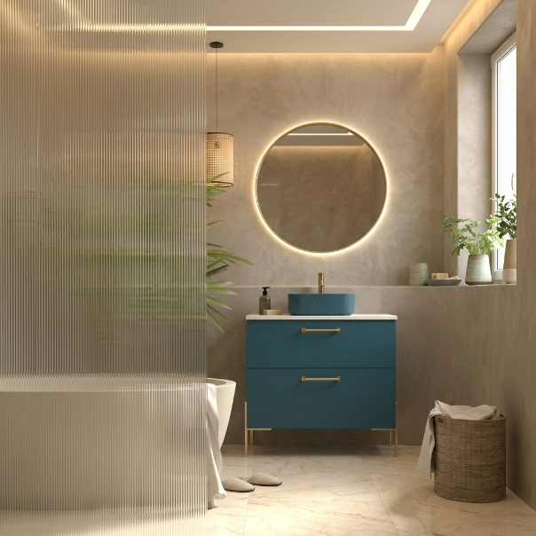 Mueble de baño de  80 cm CARMEN con 2 cajones y patas LUNGO, color AZUL. Lavabo  KOLORES sobre encimera. Avila Dos - Errefe Home
