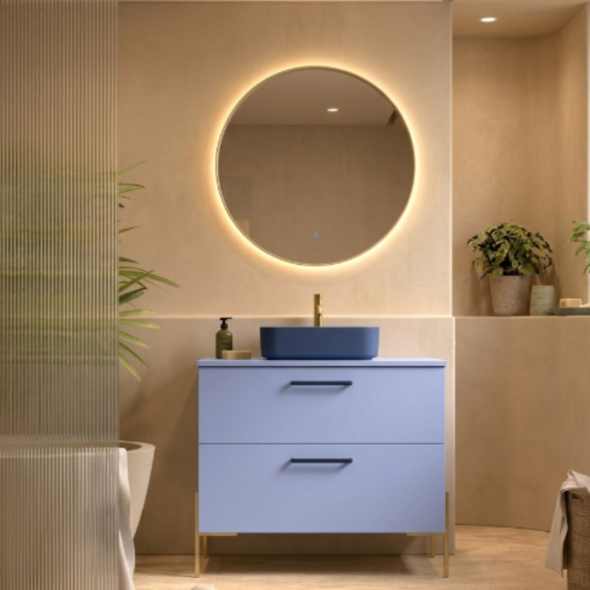 Mueble de baño de  80 cm CARMEN con 2 cajones y patas LUNGO, color AZUL CLARO. Lavabo  KOLORES sobre encimera. Avila Dos - Errefe Home