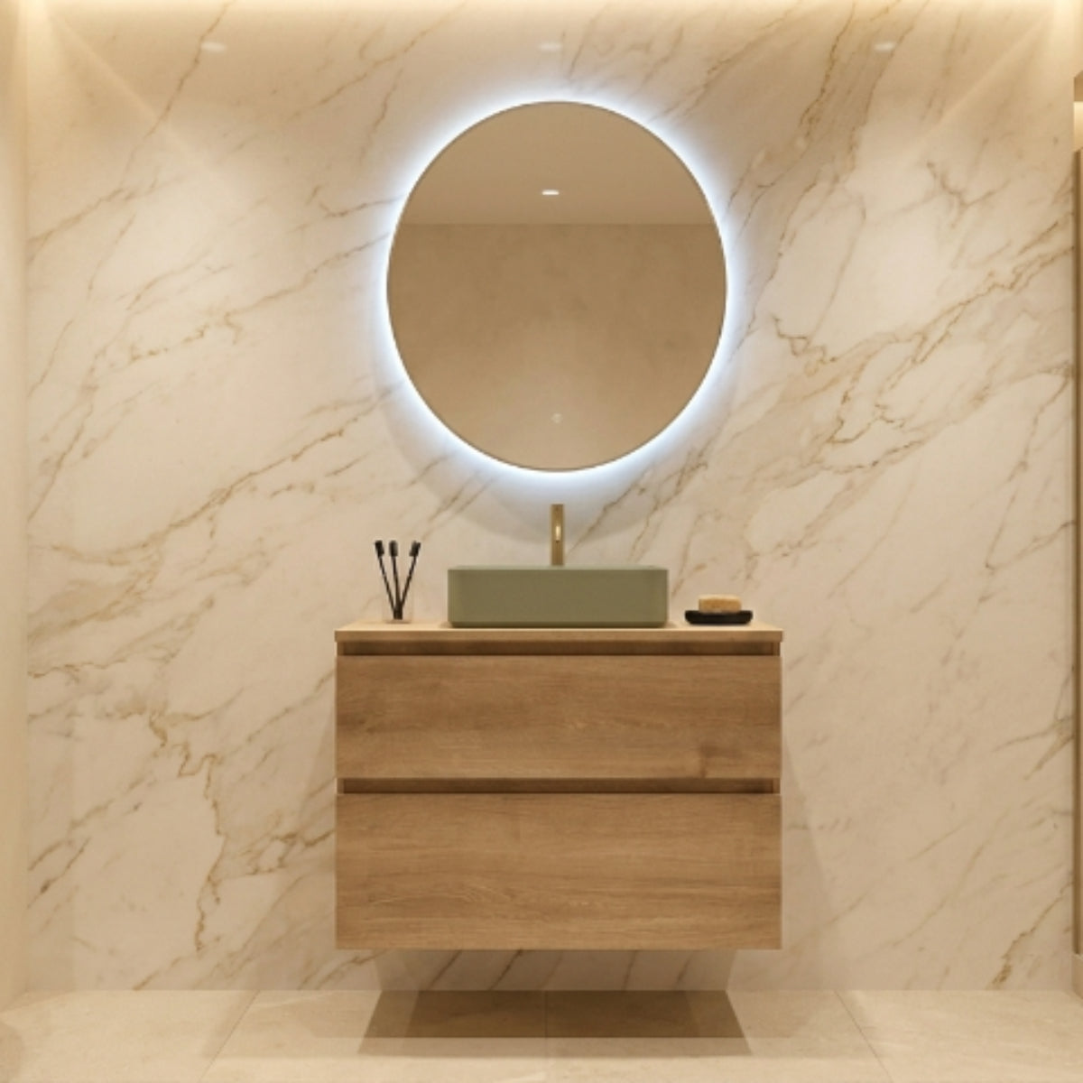 Mueble baño 80 cm Carmen 2 cajones, color madera, lavabo sobre encimera KOLORES verde. Avila Dos, Errefe Home