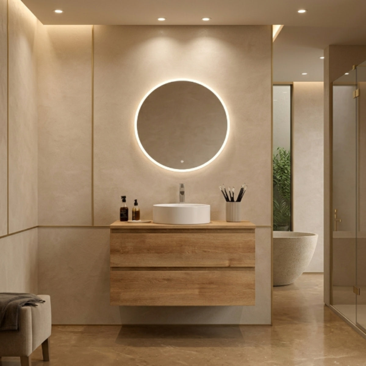 Mueble de baño 80 cm 2 cajones suspendidos colección Carmen madera, con lavabo circular Blanco sobre encimera. Avila Dos  – Errefe Home