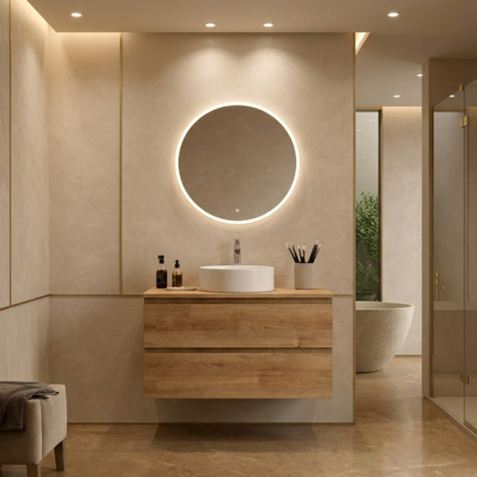 Mueble de baño 80 cm 2 cajones suspendidos colección Carmen madera, con lavabo circular Blanco sobre encimera. Avila Dos  – Errefe Home