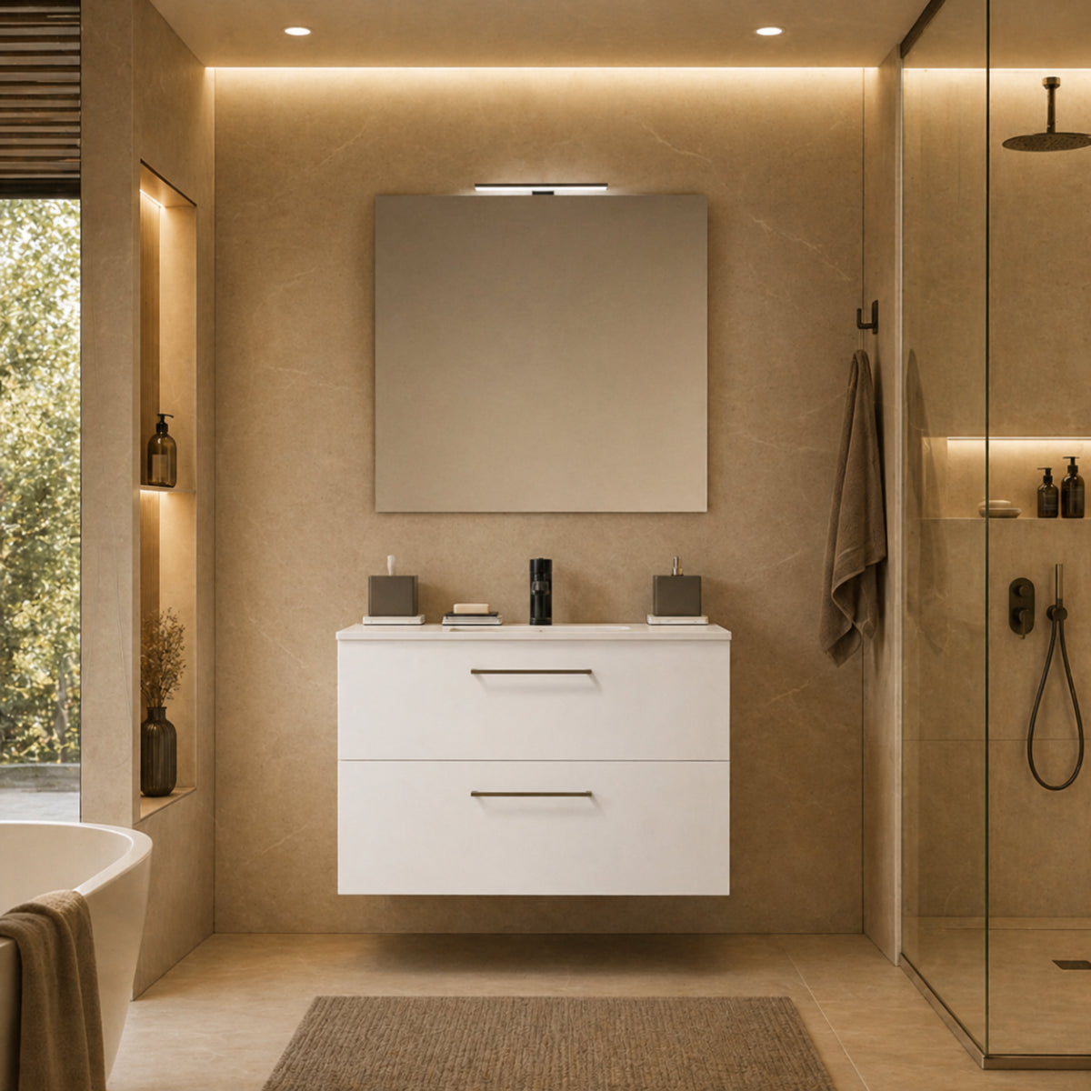 mueble de baño 80 cm 2 cajones suspendidos color blanco. Carmen lavabo-integrado 1-seno . Errefe Home