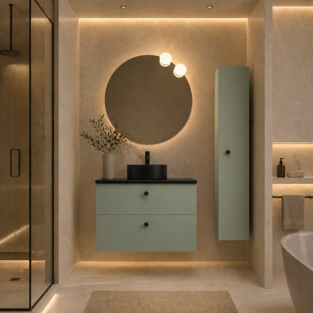 Mueble de baño Carmen 80 cm verde 2 cajones suspendidos con lavabo negro sobre encimera Avila Dos Errefe Home