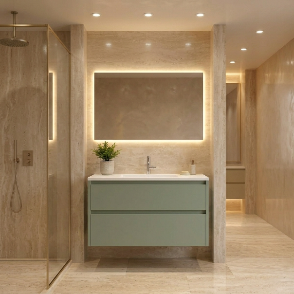 Muebles de baño 2 cajones Costado visto, color mostaza suave. Lavabo INTEGRAL - Avila Dos - Errefe Home