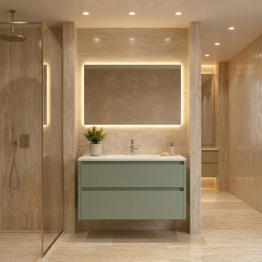 Muebles de baño 2 cajones Costado visto, color mostaza suave. Lavabo INTEGRAL - Avila Dos - Errefe Home