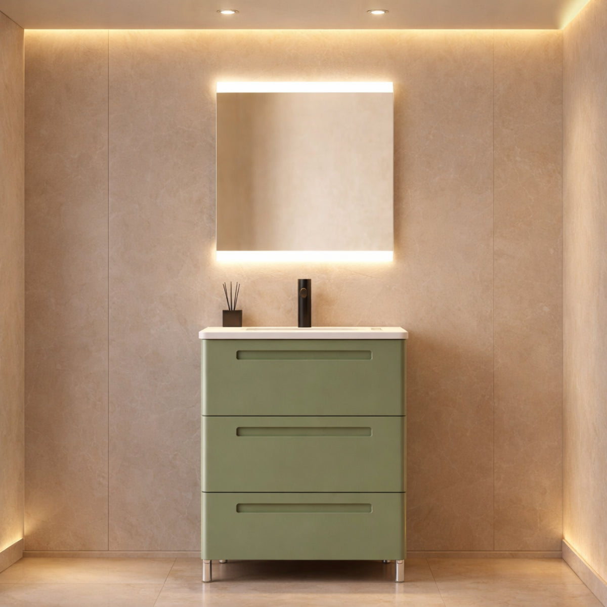 Mueble de baño 60 cm Paris 3 cajones color verde con lavabo integrado y patas Avila Dos Errefe Home