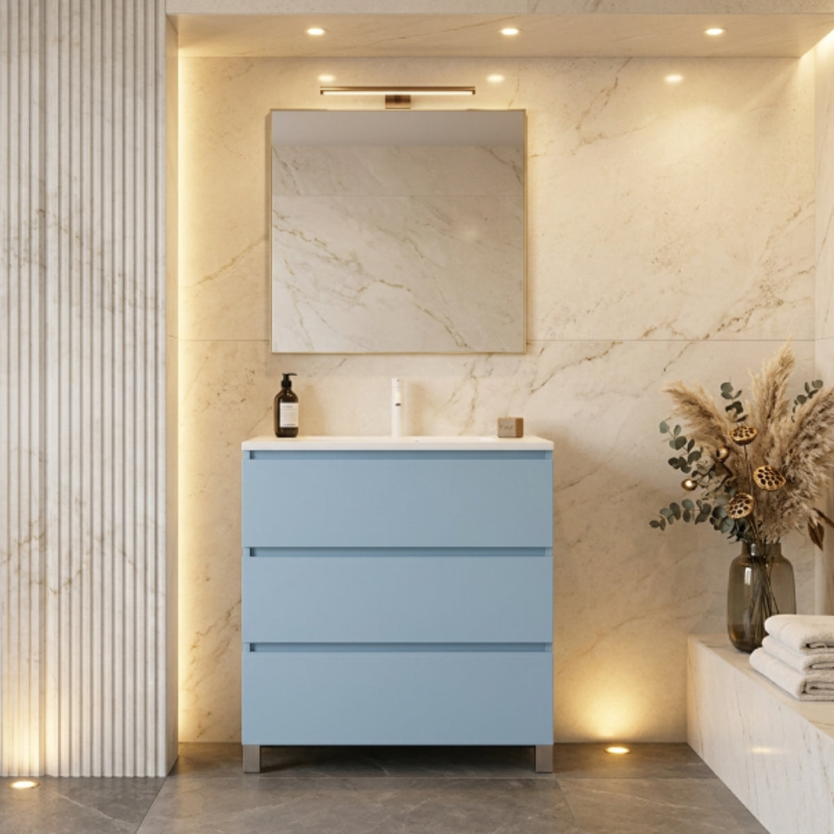 Mueble de baño de 80 cmCarmen COLOR Azul claro, 3 cajones con patas, lavabo integrado Avila Dos Errefe Home