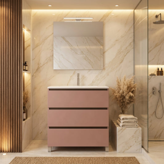 Mueble de baño de 80 cmCarmen COLOR Koral, 3 cajones con patas, lavabo integrado Avila Dos Errefe Home