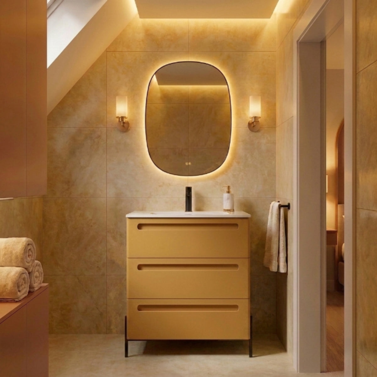 Mueble de baño 80 cm Paris 3 cajones color mostaza con lavabo integrado y patas LUNGO Avila Dos Errefe Home