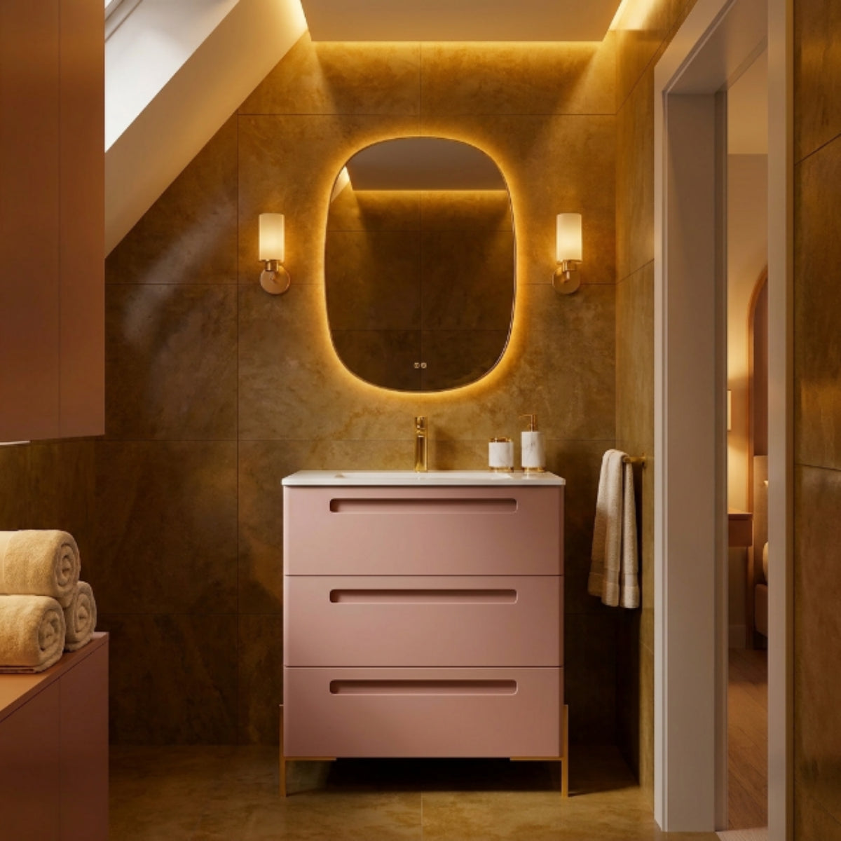 Mueble de baño 60 cm Paris 3 cajones color K-coral con lavabo integrado y patas LUNGO Avila Dos Errefe Home