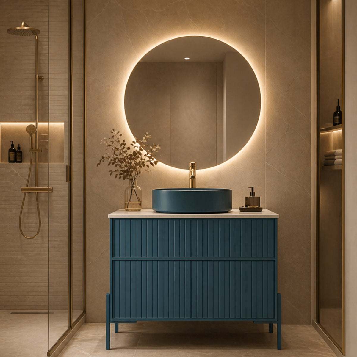 Mueble de baño 80 cm Avila Dos  2 cajones con patas LUNGO con lavabo sobre encimera 1 seno Colección Blanca color azul Errefe Home