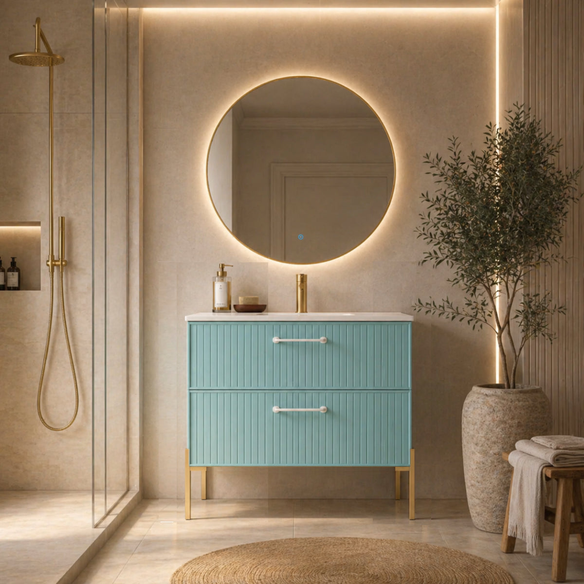 Mueble de baño 80 cm colección Blanca con lavabo integrado 1 seno 2 cajones con Pata LUNGO doradas Avila Dos Errefe Home