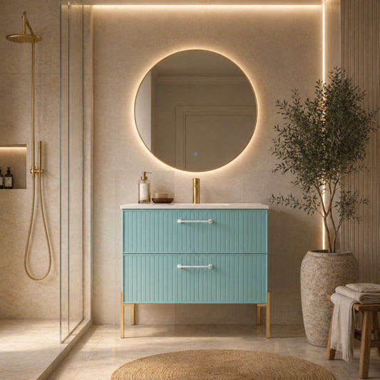 Mueble de baño 80 cm colección Blanca con lavabo integrado 1 seno 2 cajones con Pata LUNGO doradas Avila Dos Errefe Home