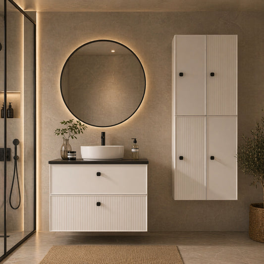 Mueble de baño 80 cm lavabo sobre encimera porcelana blanco, 1 seno 2 cajones suspendidos colección Blanca - Errefe Home