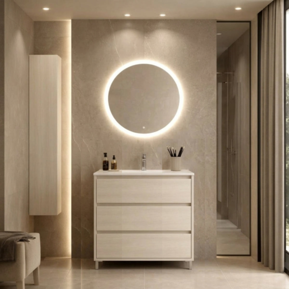 Mueble baño Carmen de 80 cm Costado visto color madera clara,  3 cajones con patas, lavabo integrado Avila Dos  - Errefe Home