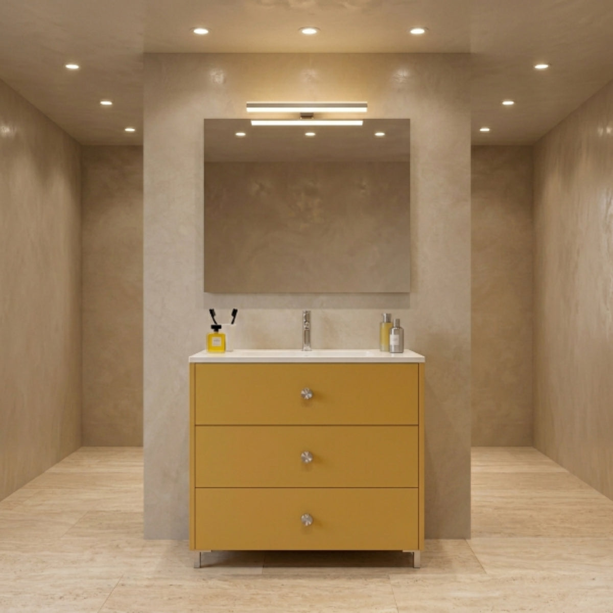 Mueble baño Carmen de 80 cm Costado visto color mostaza,  3 cajones con patas, lavabo integrado Avila Dos  - Errefe Home