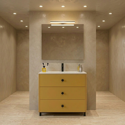 Mueble baño Carmen de 80 cm Costado visto color mostaza,  3 cajones con patas negras, lavabo integrado Avila Dos  - Errefe Home