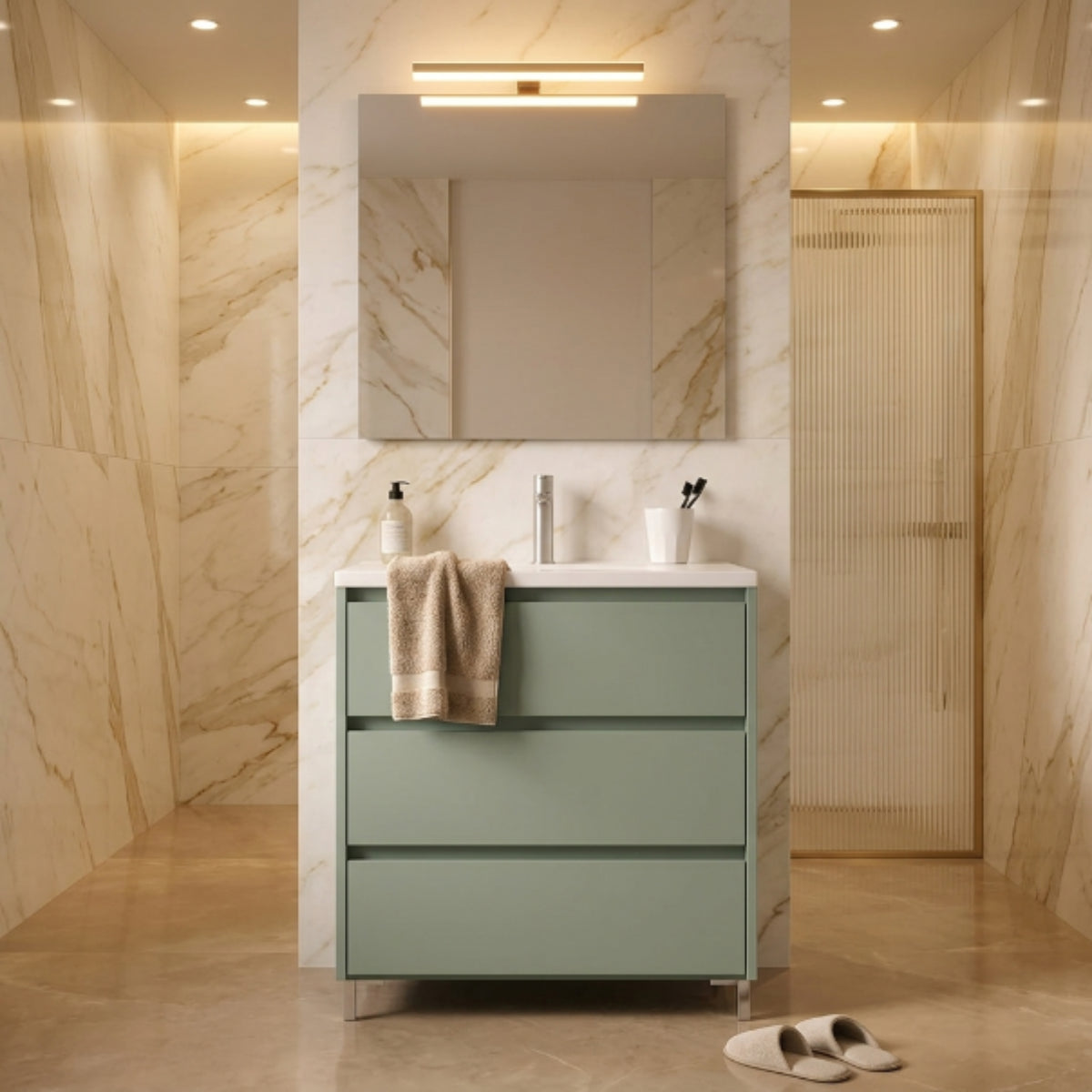Mueble baño Carmen de 80 cm Costado visto color verde,  3 cajones con patas, lavabo integrado Avila Dos  - Errefe Home