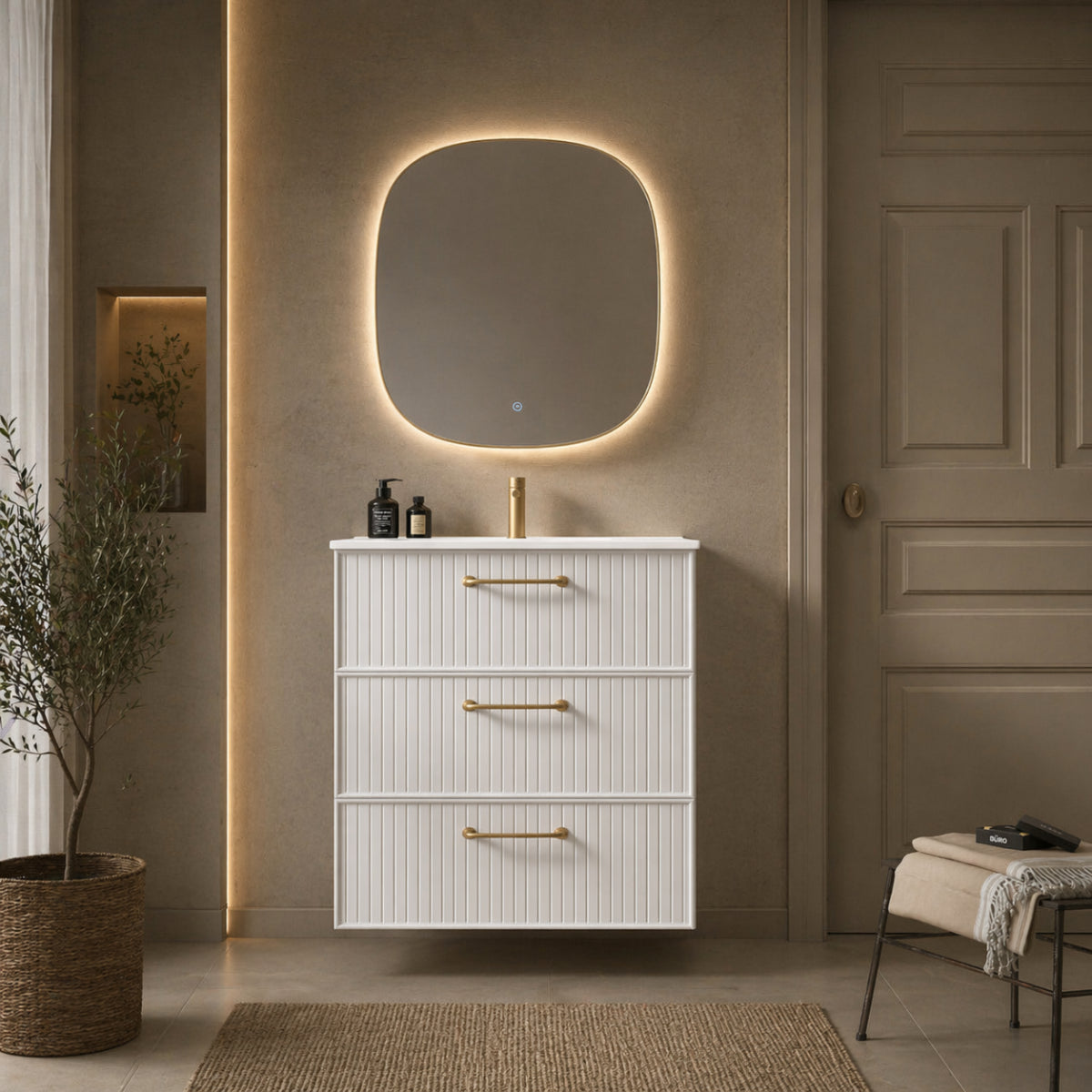 Mueble de baño 80 cm, 3 cajones suspendidos, lavabo integrado 1 seno, color blanco colección Blanca Avila Dos Errefe Home
