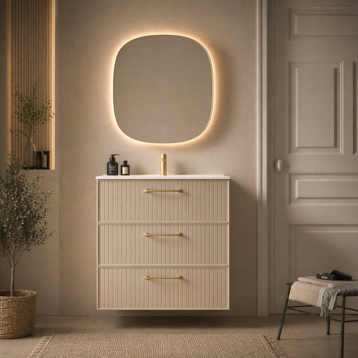 Mueble de baño 80 cm, 3 cajones suspendidos, lavabo integrado 1 seno, color Cashemire colección Blanca Avila Dos Errefe Home