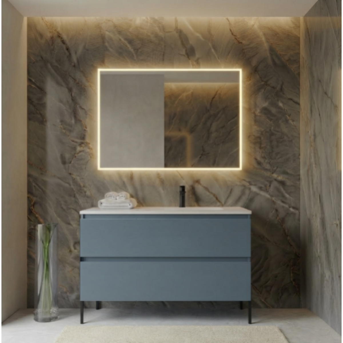 Mueble de baño 80 cm 2 cajones con patas LUNGO, color azul. Lavabo integrado desplazado, tiradores INCLINADOS. Avila Dos - Errefe Home