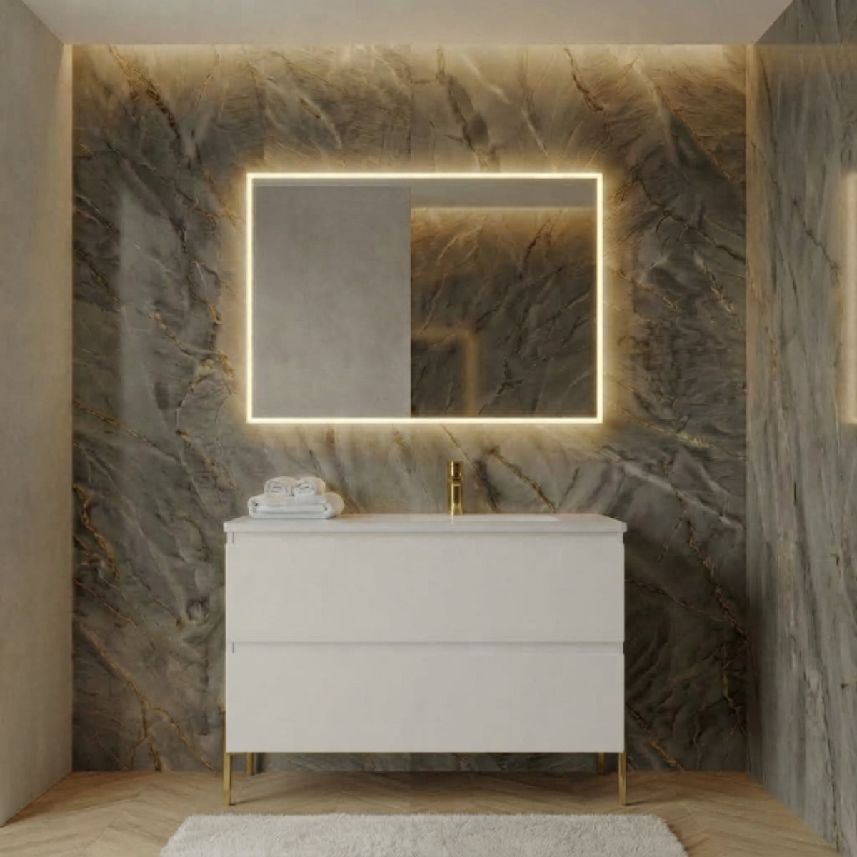 Mueble de baño 80 cm 2 cajones con patas LUNGO, color BLANCO. Lavabo integrado desplazado, tiradores INCLINADOS. Avila Dos - Errefe Home