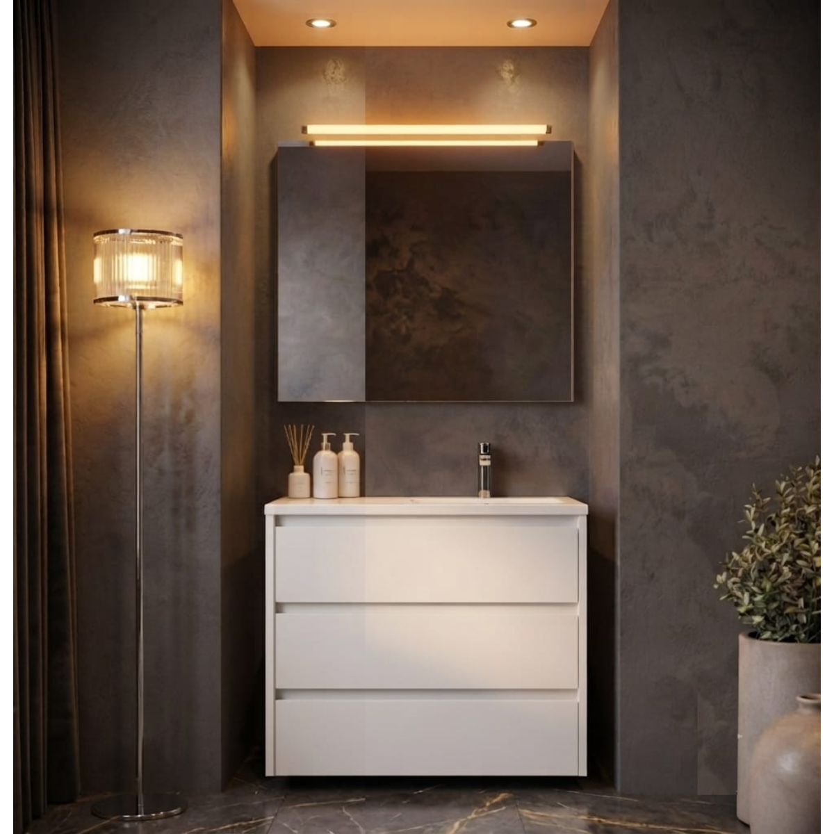 Mueble de baño suspendido 80 cm 2 cajones, costado visto, acabado blanco. Lavabo integrado desplazado, tiradores INCLINADOS. Avila Dos - Errefe Home