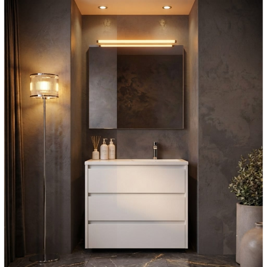 Mueble de baño suspendido 80 cm 2 cajones, costado visto, acabado blanco. Lavabo integrado desplazado, tiradores INCLINADOS. Avila Dos - Errefe Home