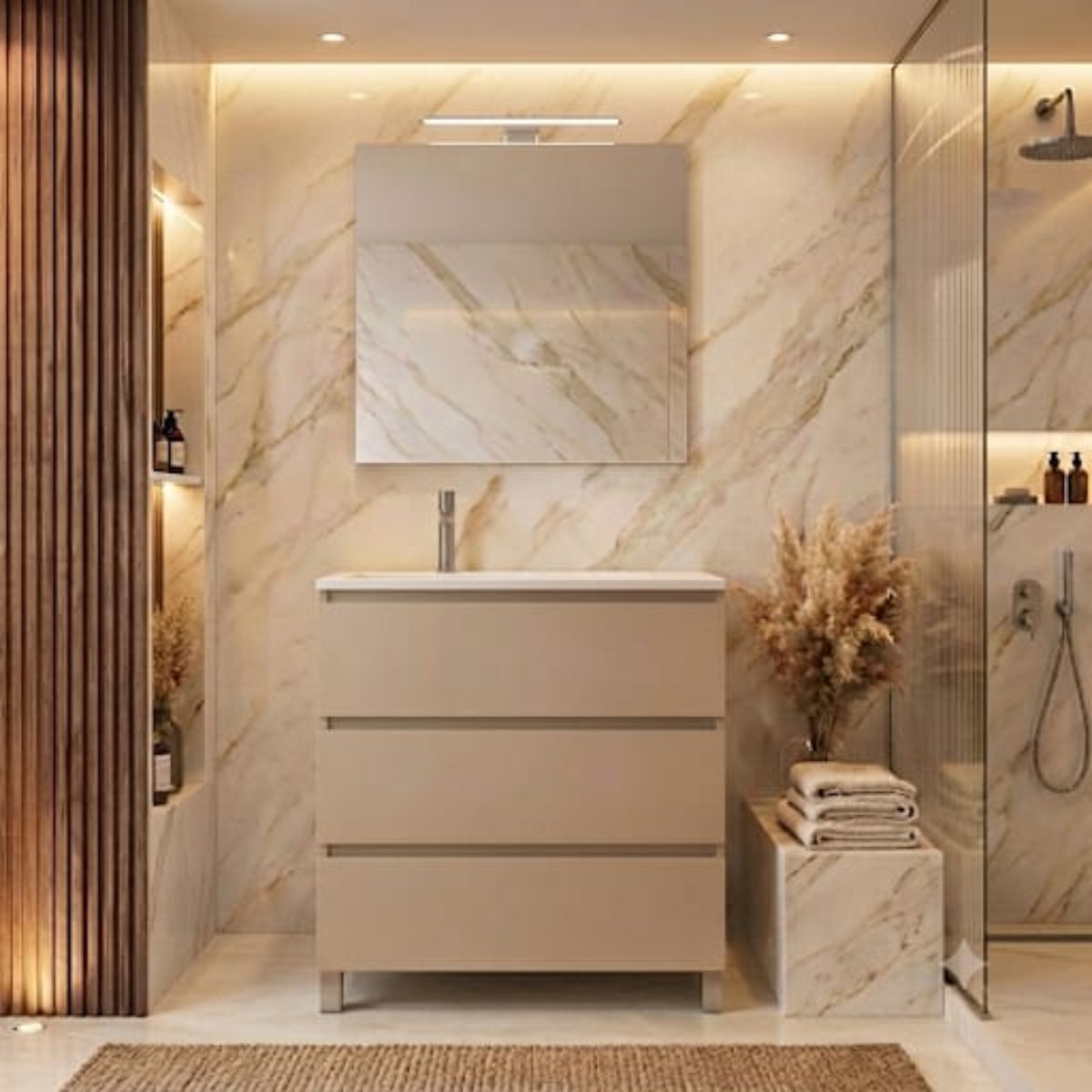 Mueble de baño 80 cm 2 cajones, patas, acabado café. Lavabo integrado desplazado, tiradores INCLINADOS. Avila Dos - Errefe Home