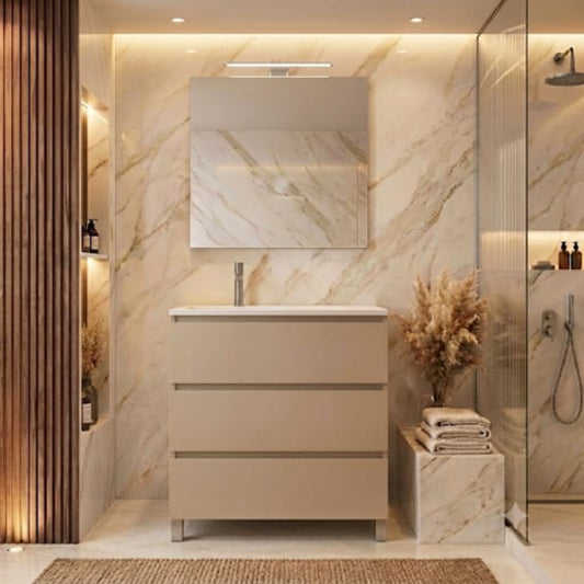 Mueble de baño 80 cm 2 cajones, patas, acabado café. Lavabo integrado desplazado, tiradores INCLINADOS. Avila Dos - Errefe Home