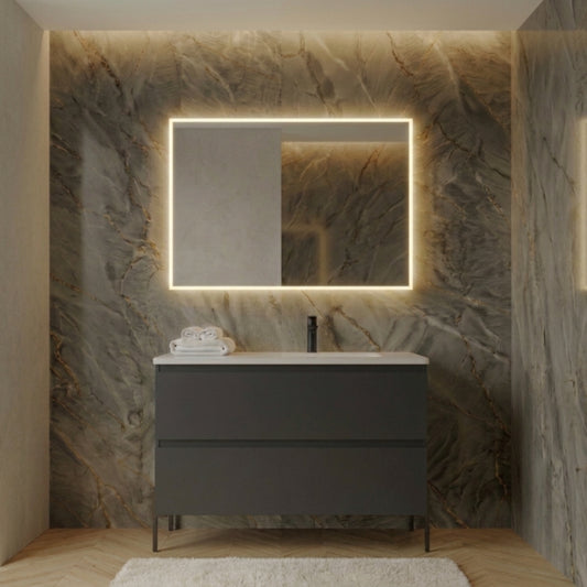 Mueble de baño 80 cm 2 cajones con patas LUNGO, color gris. Lavabo integrado desplazado, tiradores INCLINADOS. Avila Dos - Errefe Home