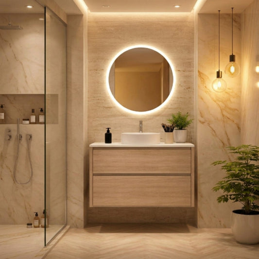 Mueble de baño 80 costado visto Carmen color madera con lavabo sobre encimera, 1 seno, 2 cajones suspendidos Avila Dos – Errefe Home