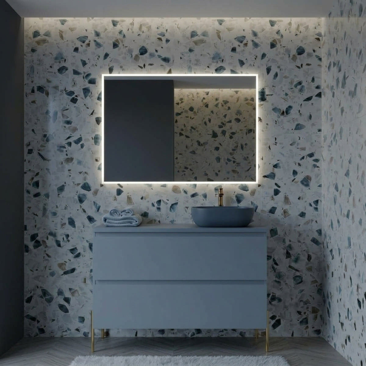 Mueble de baño suspendido 90 cm 2 cajones, color azul. Lavabo sobre encimera desplazado color azul, tiradores inclinados. Avila Dos - Errefe Home
