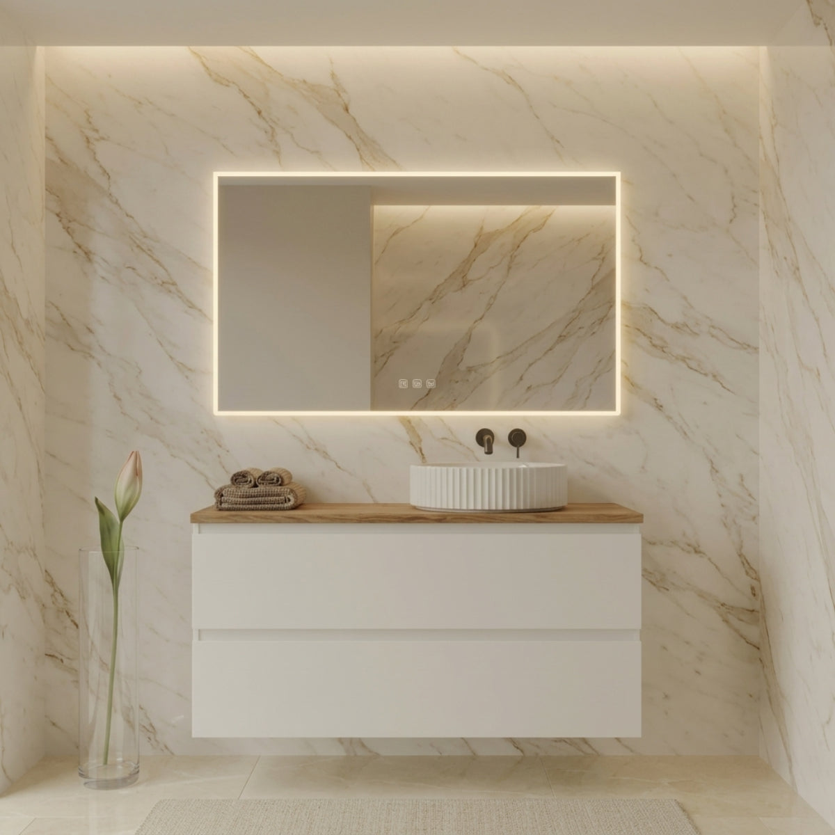 Mueble de baño suspendido 90 cm 2 cajones, color BLANCO. Lavabo porcelánico sobre encimera desplazado color blanco, tiradores inclinados. Avila Dos - Errefe Home