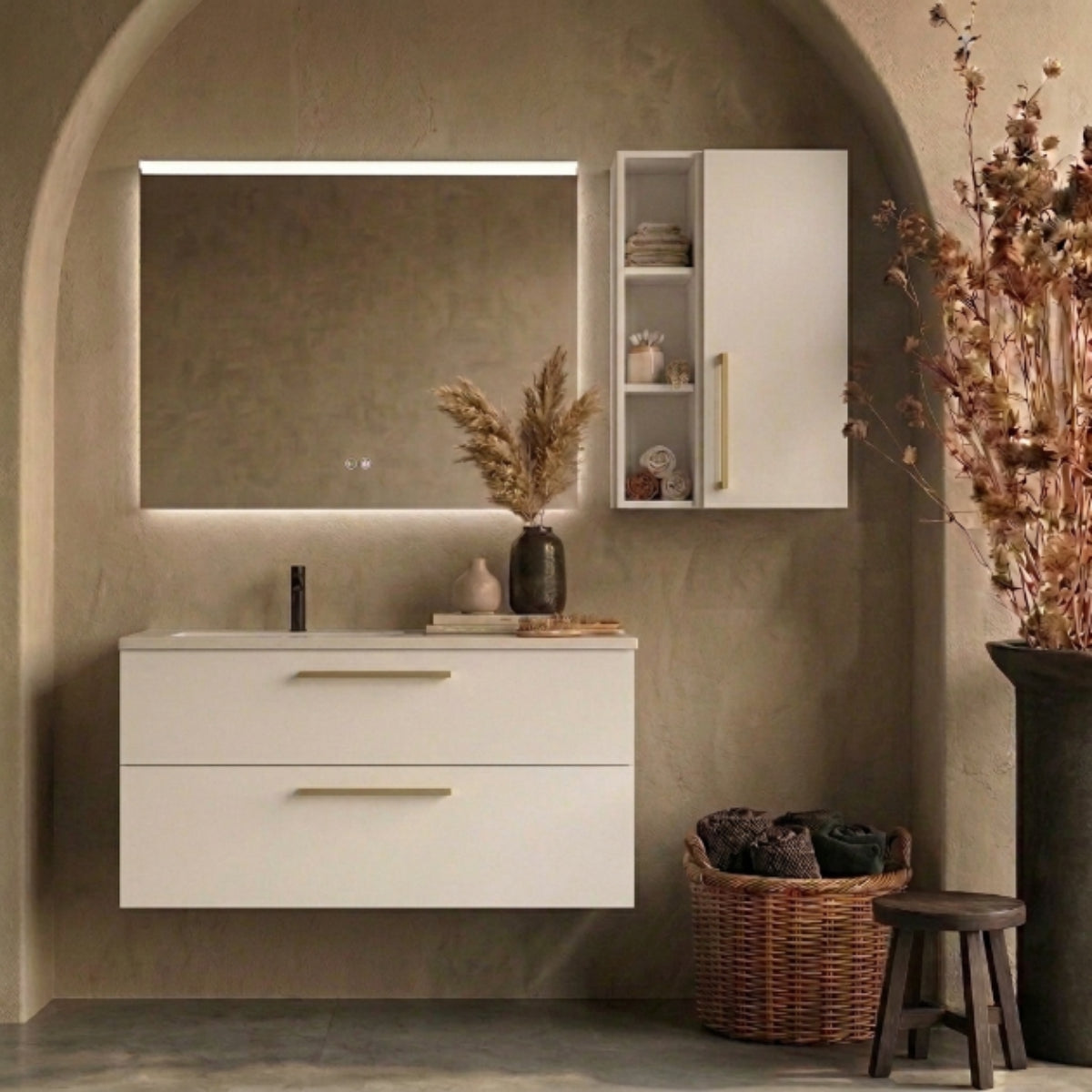 Mueble de baño suspendido 90 cm 2 cajones, color blanco. Lavabo integrado desplazado, tiradores Veta Claro. Avila Dos - Errefe Home