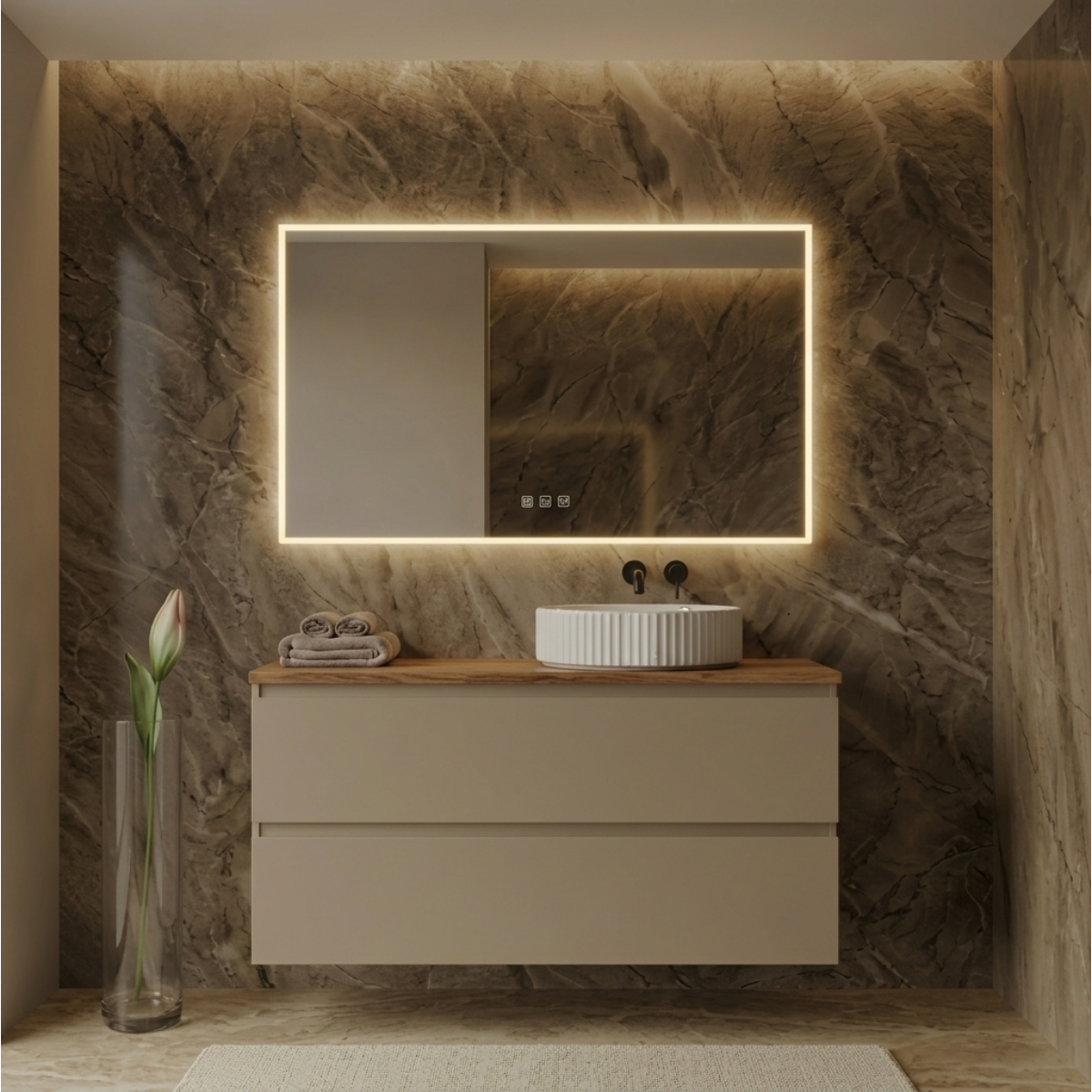 Mueble de baño suspendido 90 cm 2 cajones, color café. Lavabo porcelánico sobre encimera desplazado color blanco, tiradores inclinados. Avila Dos - Errefe Home