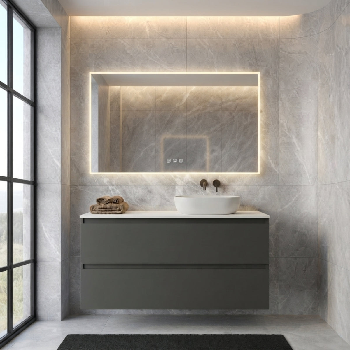 Mueble de baño suspendido 90 cm 2 cajones, color GRIS. Lavabo porcelánico sobre encimera desplazado color blanco, tiradores inclinados. Avila Dos - Errefe Home