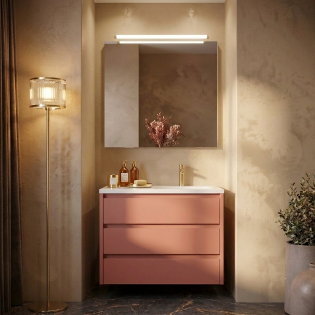 Mueble de baño suspendido 90 cm 2 cajones, costado visto, acabado koral. Lavabo integrado desplazado, tiradores INCLINADOS. Avila Dos - Errefe Home