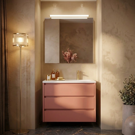 Mueble de baño suspendido 90 cm 2 cajones, costado visto, acabado koral. Lavabo integrado desplazado, tiradores INCLINADOS. Avila Dos - Errefe Home