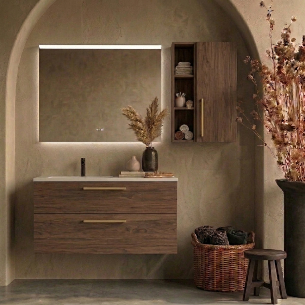 Mueble de baño suspendido 90 cm 2 cajones, color madera oscuro. Lavabo integrado desplazado, tiradores Veta Claro. Avila Dos - Errefe Home