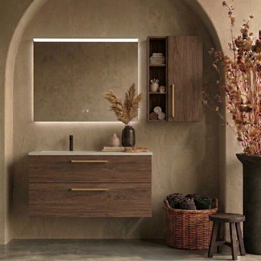 Mueble de baño suspendido 90 cm 2 cajones, color madera oscuro. Lavabo integrado desplazado, tiradores Veta Claro. Avila Dos - Errefe Home