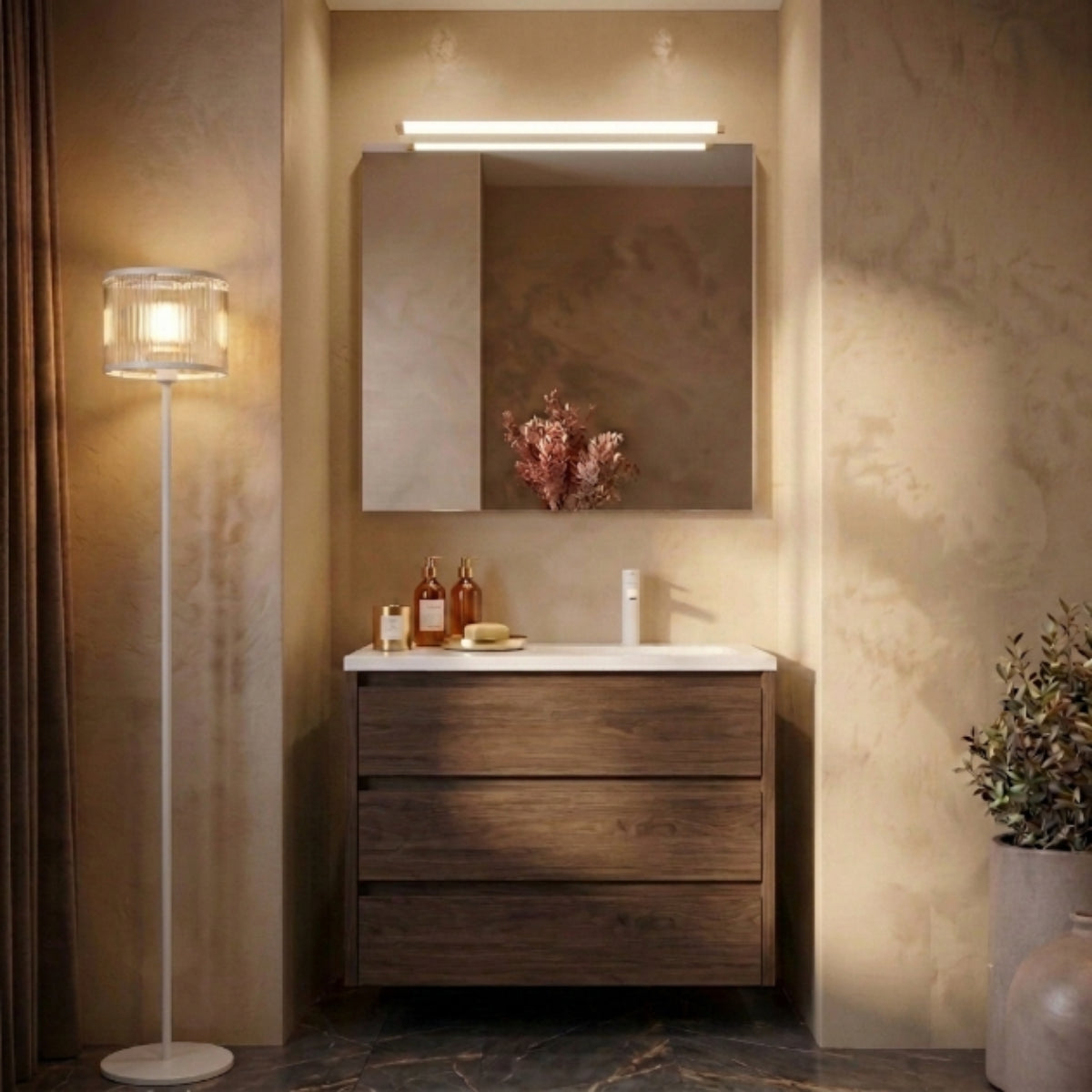 Mueble de baño suspendido 90 cm 2 cajones, costado visto, acabado MADERA OSCURA. Lavabo integrado desplazado, tiradores INCLINADOS. Avila Dos - Errefe Home