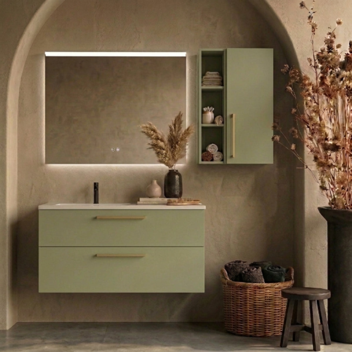 Mueble de baño suspendido 90 cm 2 cajones, color verde. Lavabo integrado desplazado, tiradores Veta Claro. Avila Dos - Errefe Home