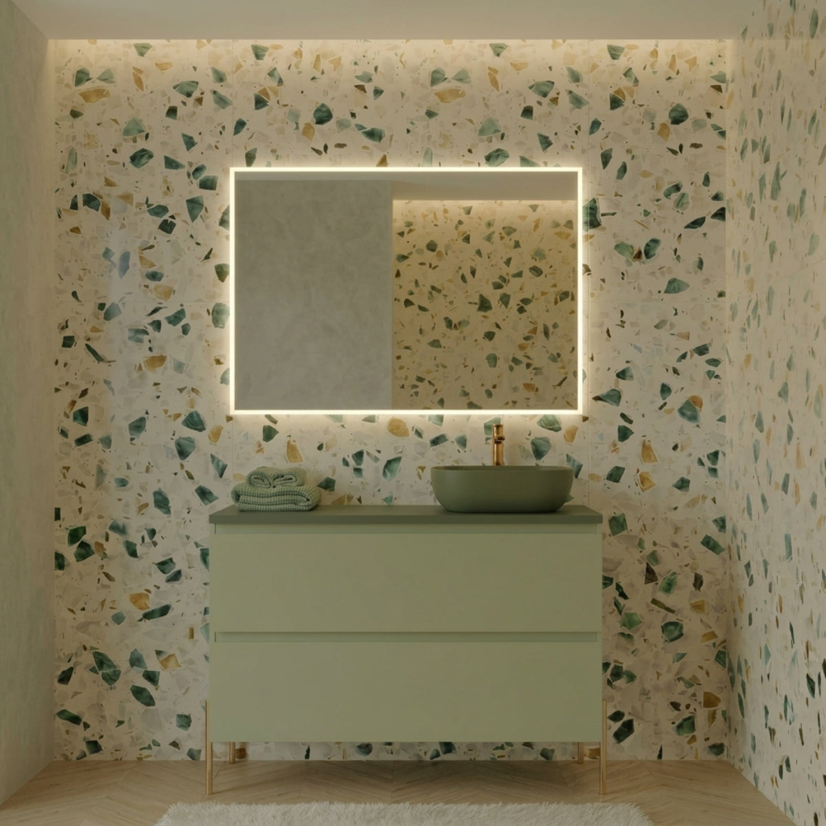 Mueble de baño suspendido 90 cm 2 cajones, color verde. Lavabo sobre encimera desplazado color verde, tiradores inclinados. Avila Dos - Errefe Home