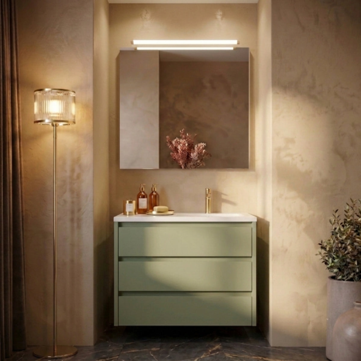 Mueble de baño suspendido 90 cm 2 cajones, costado visto, acabado VERDE. Lavabo integrado desplazado, tiradores INCLINADOS. Avila Dos - Errefe Home